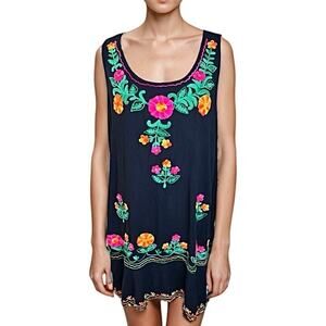 Mexican embroidered floral Black mini dress Coverup resortwear casual swimwear
